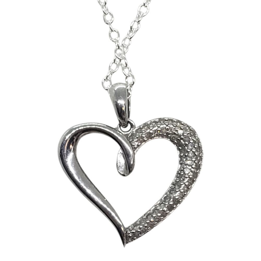 Vintage Sterling Silver & Diamond Open Heart Pendant Necklace